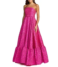 Mac Duggal Strapless Floral Jacquard Belted Ruffle Hem Gown