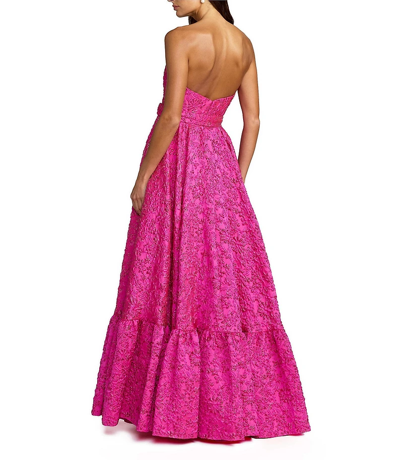 Mac Duggal Strapless Floral Jacquard Belted Ruffle Hem Gown