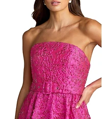 Mac Duggal Strapless Floral Jacquard Belted Ruffle Hem Gown