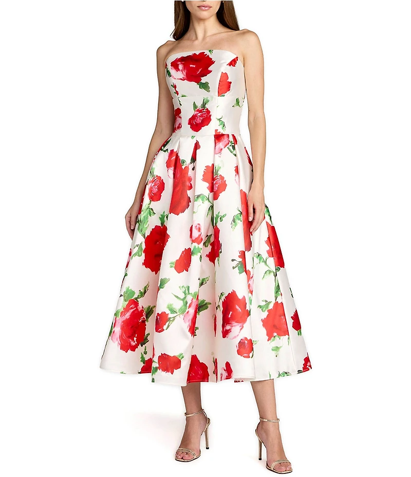 Mac Duggal Strapless Floral Midi Dress With Pockets