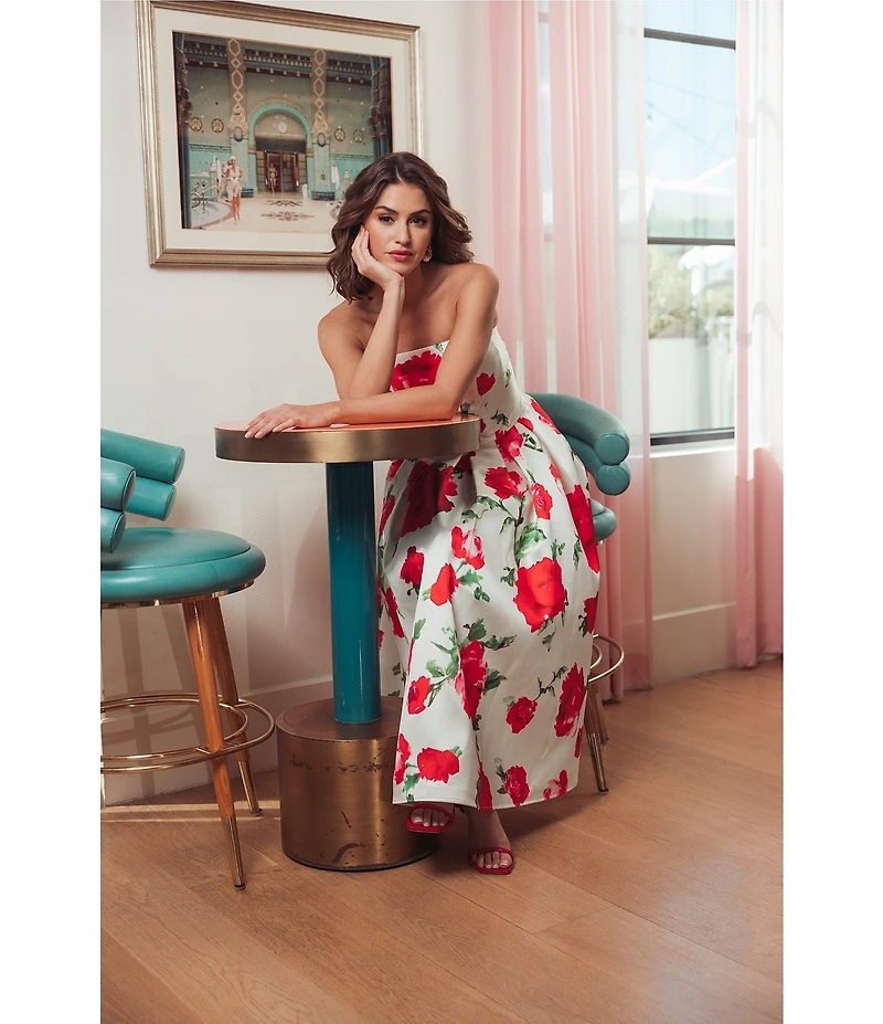 Mac Duggal Strapless Floral Midi Dress With Pockets