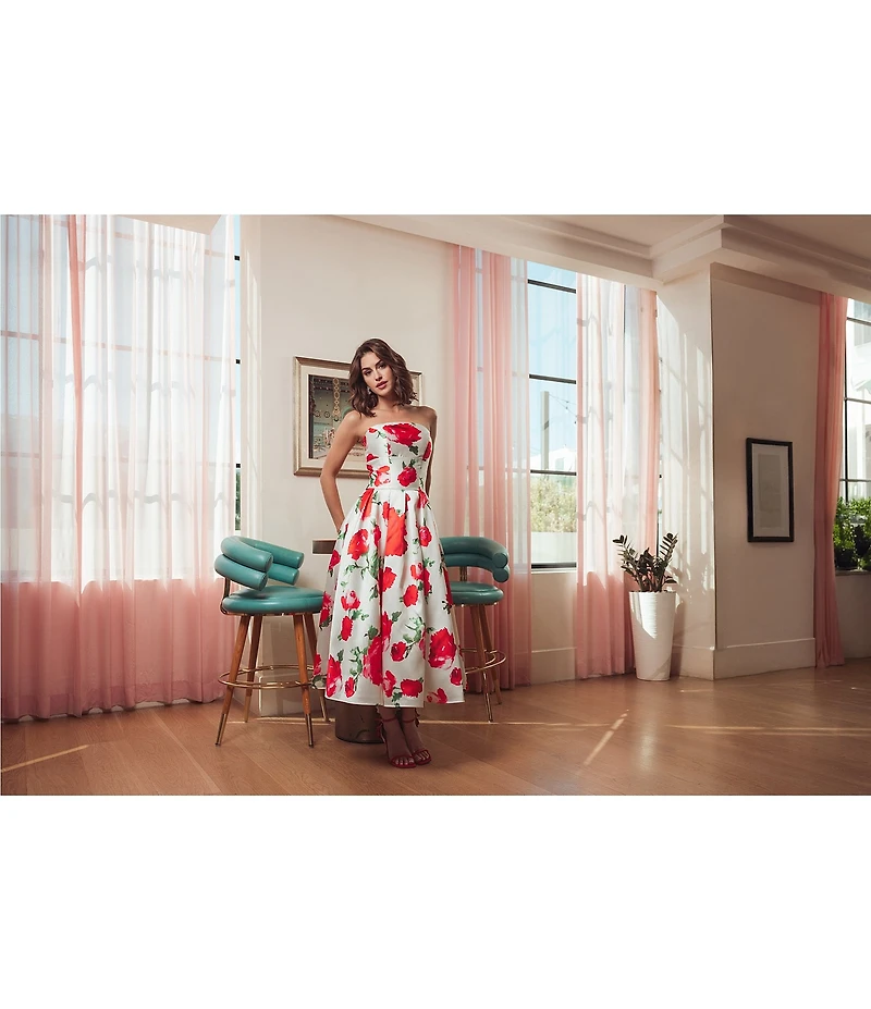Mac Duggal Strapless Floral Midi Dress With Pockets
