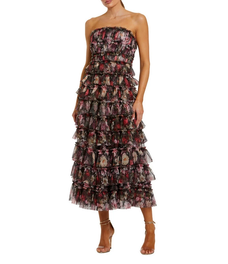 Mac Duggal Strapless Floral Print Micro Ruffle Midi Dress