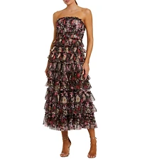 Mac Duggal Strapless Floral Print Micro Ruffle Midi Dress