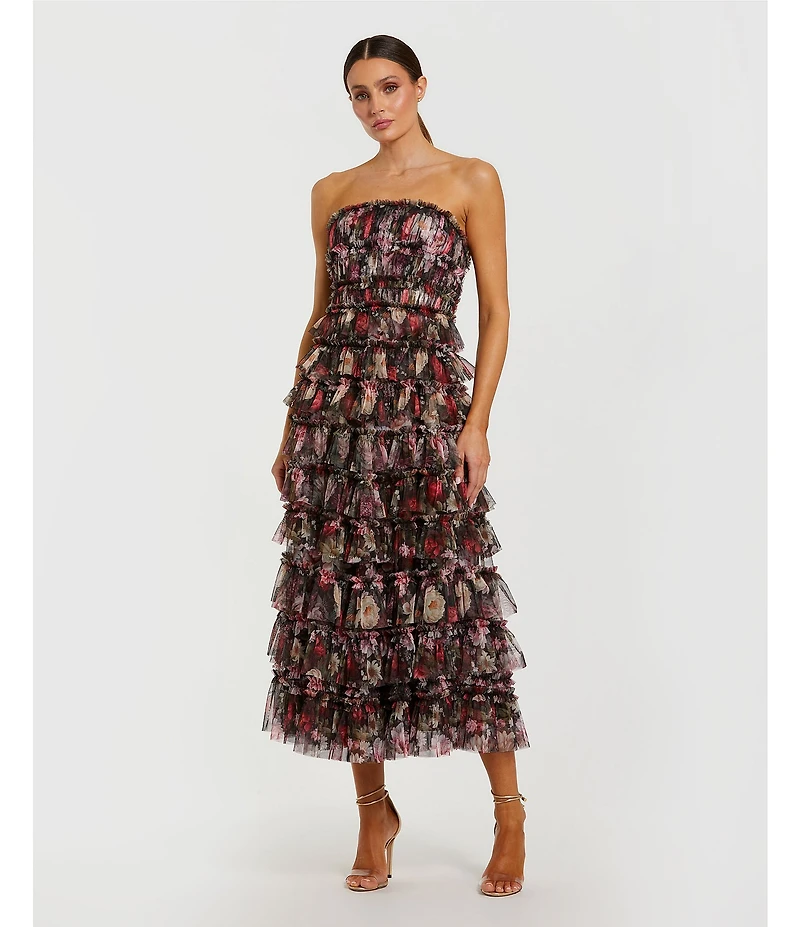 Mac Duggal Strapless Floral Print Micro Ruffle Midi Dress