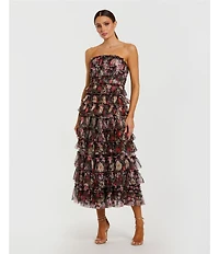 Mac Duggal Strapless Floral Print Micro Ruffle Midi Dress