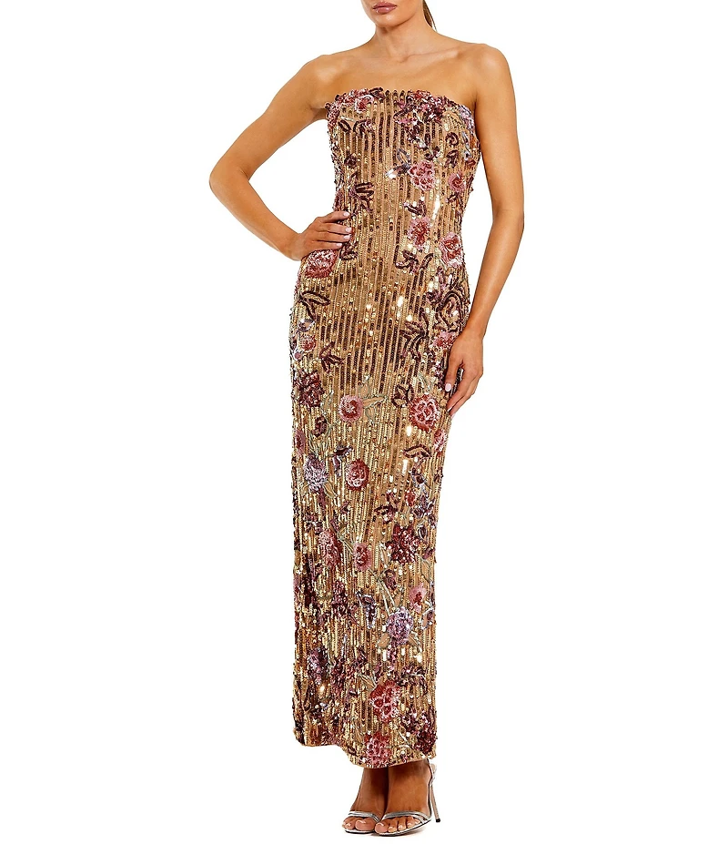 Mac Duggal Strapless Floral Sequin Column Gown