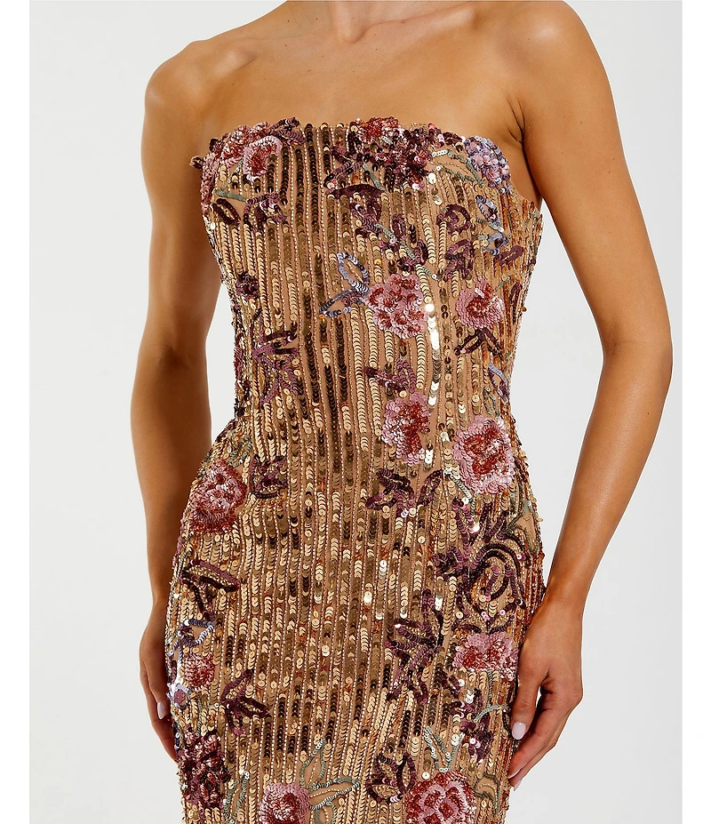 Mac Duggal Strapless Floral Sequin Column Gown