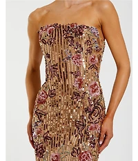 Mac Duggal Strapless Floral Sequin Column Gown