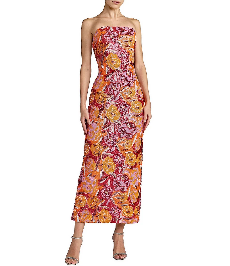 Mac Duggal Strapless Floral Sequin Long Dress