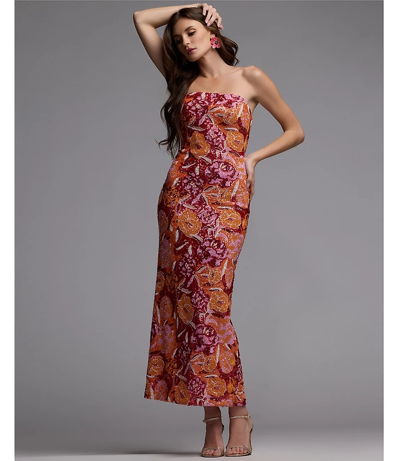 Mac Duggal Strapless Floral Sequin Long Dress