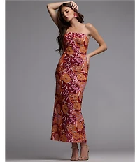 Mac Duggal Strapless Floral Sequin Long Dress