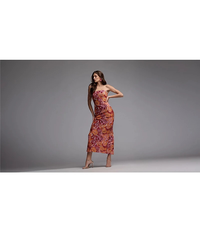 Mac Duggal Strapless Floral Sequin Long Dress