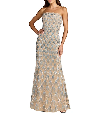 Mac Duggal Strapless Hand Beaded Mesh A-Line Gown