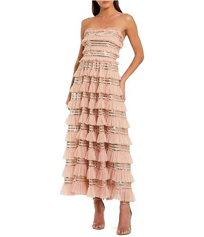 Mac Duggal Strapless Mesh Sequin Micro Ruffle Ankle Dress