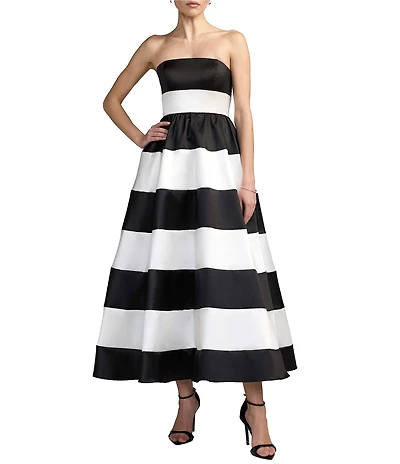 Mac Duggal Strapless Mikado Striped Midi Dress With Pockets