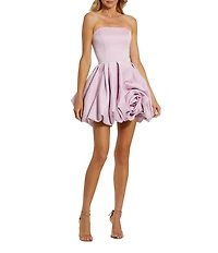 Mac Duggal Strapless Rose Bubble Hem Satin Mini Dress