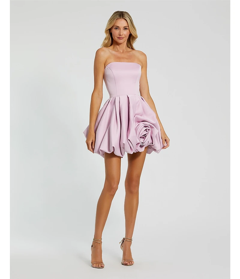 Mac Duggal Strapless Rose Bubble Hem Satin Mini Dress