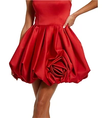 Mac Duggal Strapless Rose Bubble Hem Satin Mini Dress