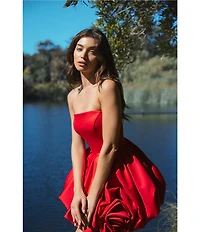 Mac Duggal Strapless Rose Bubble Hem Satin Mini Dress