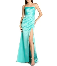 Mac Duggal Strapless Ruched Satin Sheath Gown