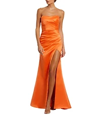 Mac Duggal Strapless Ruched Satin Sheath Gown