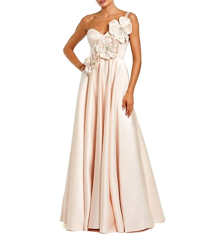 Mac Duggal Strapless Satin Bustier Gown With 3D Flowers