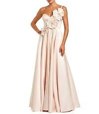 Mac Duggal Strapless Satin Bustier Gown With 3D Flowers