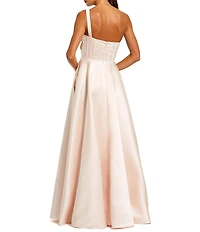 Mac Duggal Strapless Satin Bustier Gown With 3D Flowers