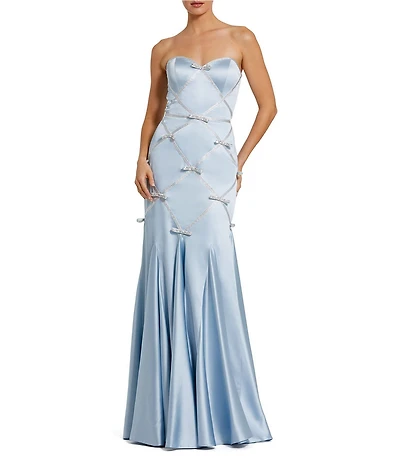 Mac Duggal Strapless Satin Charmeuse Mermaid Bow Detail Gown
