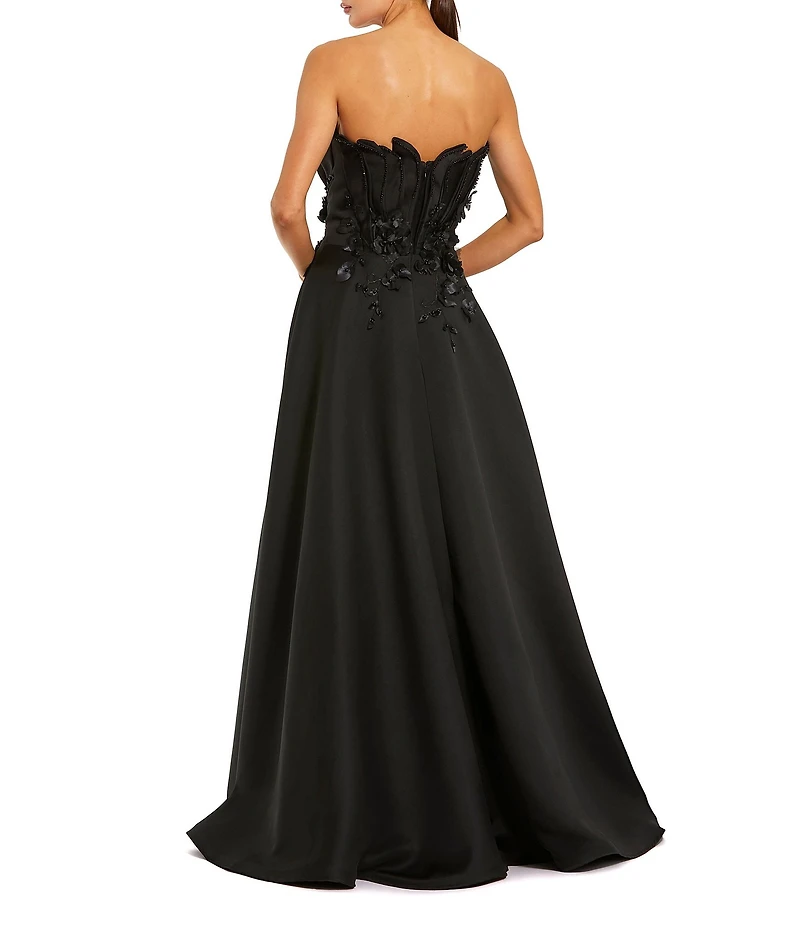 Mac Duggal Strapless Satin Floral Beaded Embellished Gown