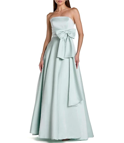 Mac Duggal Strapless Satin Long Ballgown With Bow Detail