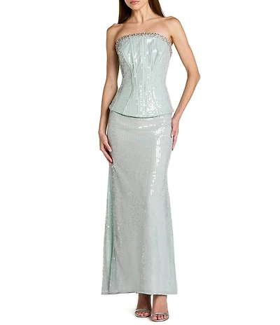 Mac Duggal Strapless Sequin Peplum Top Rhinestone Gown