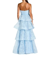Mac Duggal Strapless Sweetheart Floral Organza Tiered Gown