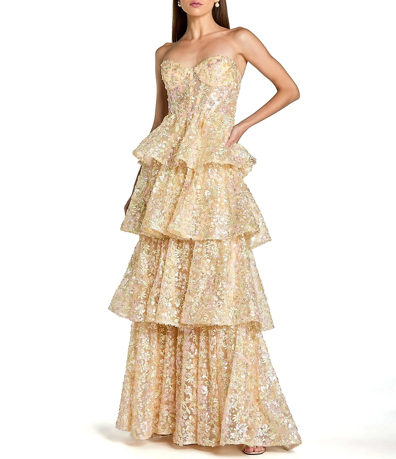 Mac Duggal Strapless Sweetheart Neck Tiered Ruffle Long Gown