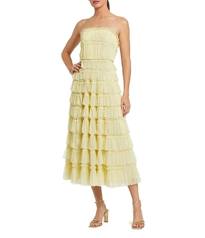 Mac Duggal Strapless Tiered Micro Ruffle Mesh A-Line Midi Dress