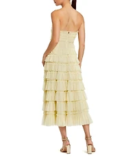 Mac Duggal Strapless Tiered Micro Ruffle Mesh A-Line Midi Dress