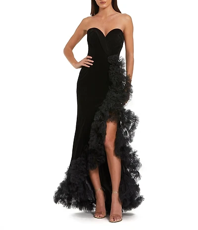 Mac Duggal Strapless Velvet Mermaid Gown With Ruffle Slit
