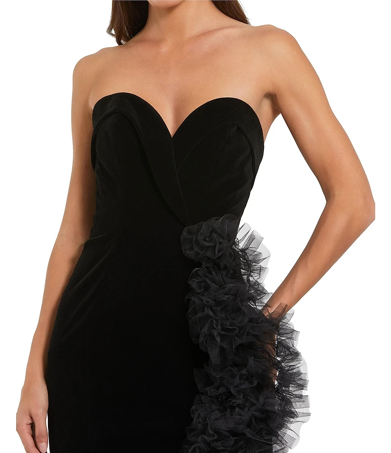 Mac Duggal Strapless Velvet Mermaid Gown With Ruffle Slit