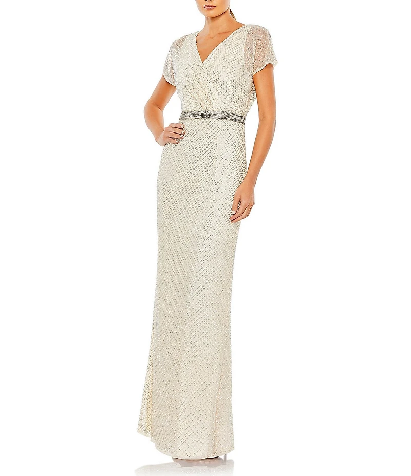 Mac Duggal Surplice V-neck Short Sleeve Beaded Column Gown