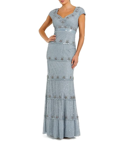 Mac Duggal Sweetheart Neck Cap Sleeve Teired Sequin Column Gown