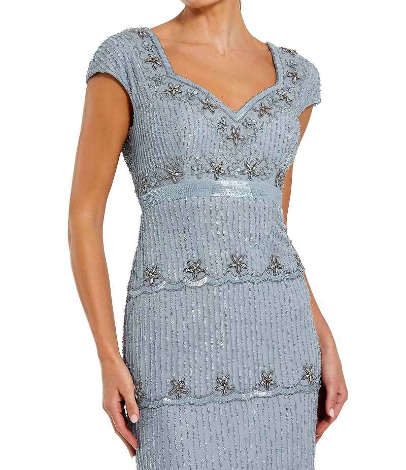 Mac Duggal Sweetheart Neck Cap Sleeve Teired Sequin Column Gown