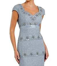 Mac Duggal Sweetheart Neck Cap Sleeve Teired Sequin Column Gown
