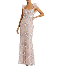 Mac Duggal Sweetheart Neck Ruffle Shoulder Floral Embroidered Column Gown