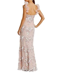 Mac Duggal Sweetheart Neck Ruffle Shoulder Floral Embroidered Column Gown