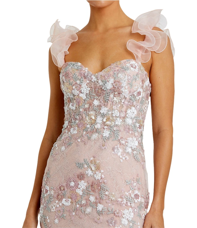 Mac Duggal Sweetheart Neck Ruffle Shoulder Floral Embroidered Column Gown