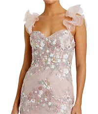 Mac Duggal Sweetheart Neck Ruffle Shoulder Floral Embroidered Column Gown