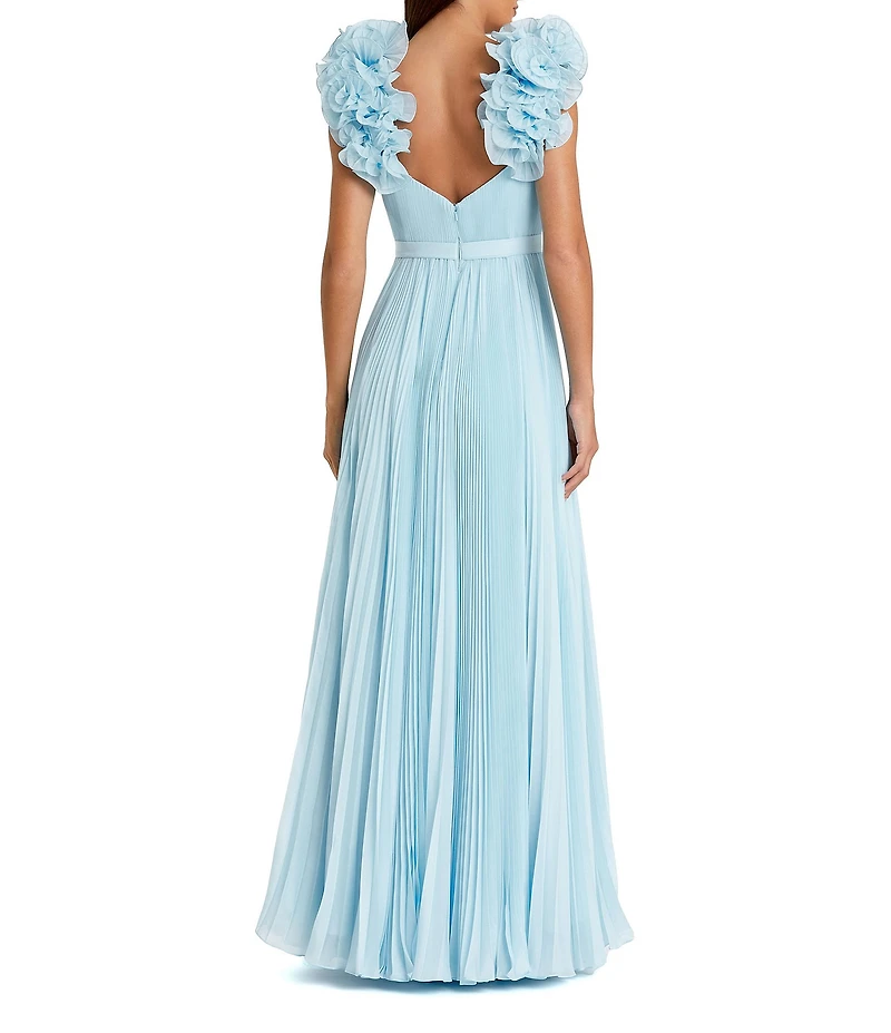 Mac Duggal Sweetheart Neck Ruffle Shoulder Pleated Organza A-Line Gown