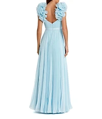 Mac Duggal Sweetheart Neck Ruffle Shoulder Pleated Organza A-Line Gown