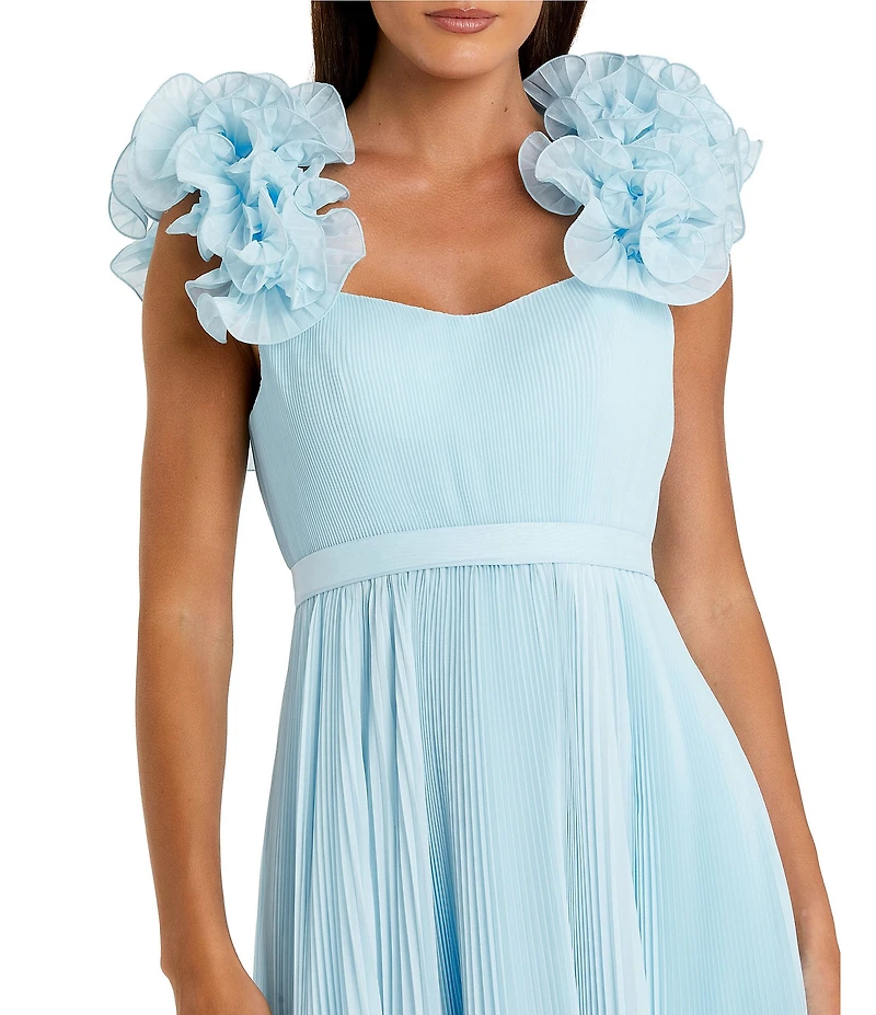 Mac Duggal Sweetheart Neck Ruffle Shoulder Pleated Organza A-Line Gown